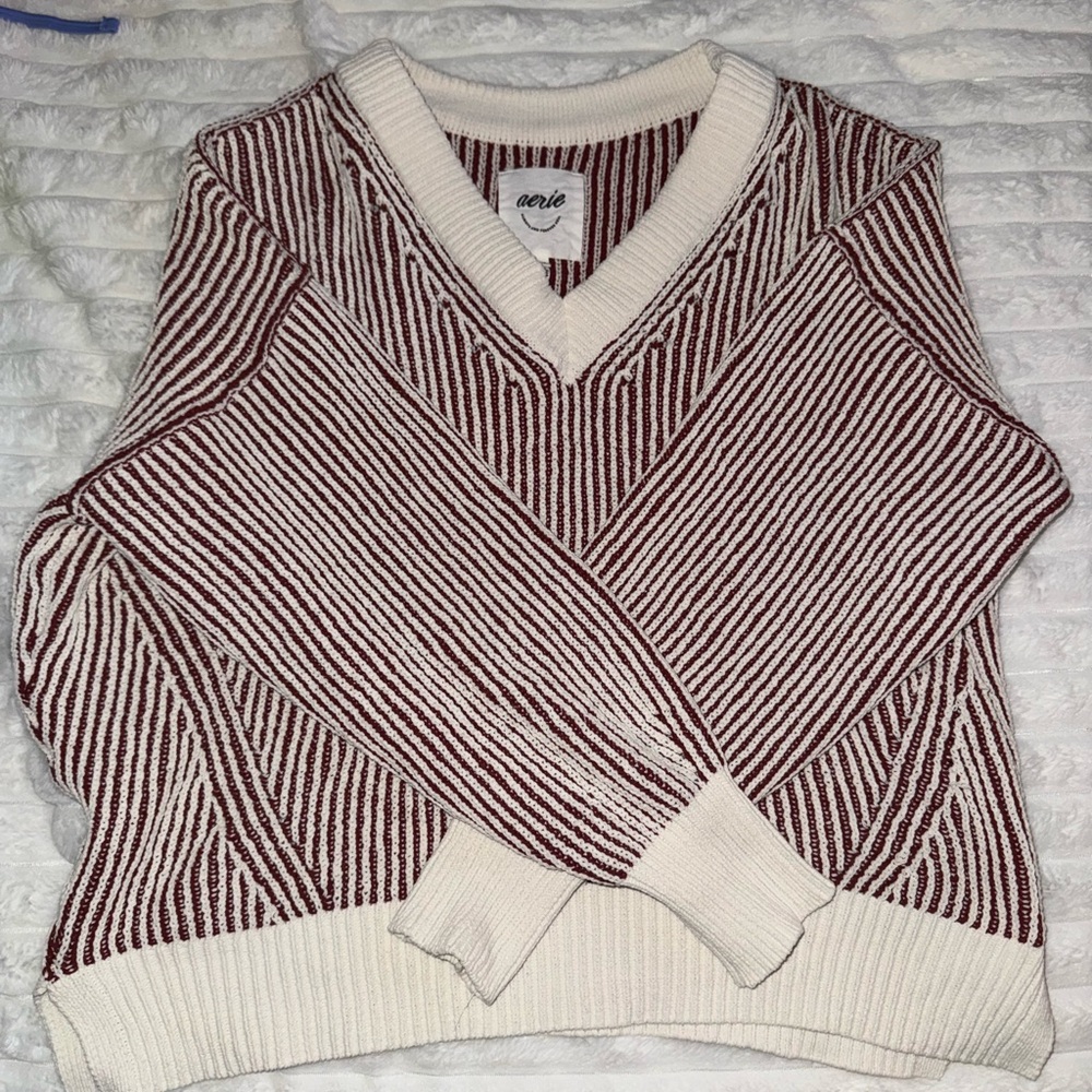 Aerie Women's Striped Sweater - red and Cream